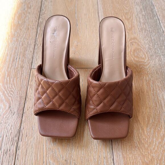 Wild Diva Quilted Square Toe Block Mule Sandals Brown Size 9 - Picture 2 of 7